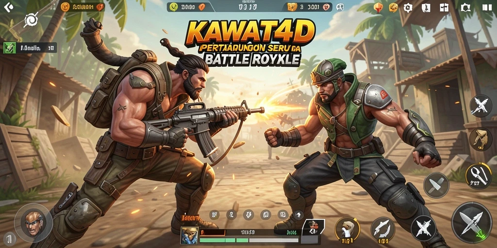 Screenshot KAWAT4D menampilkan aksi bertahan hidup dalam game Battle Royale.