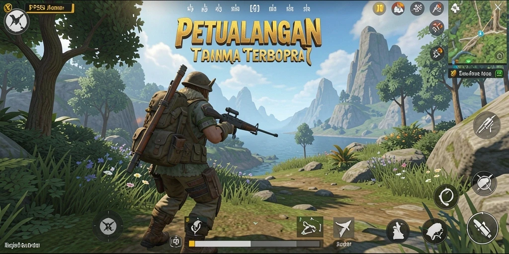 Screenshot gameplay <strong>RP55</strong> menunjukkan petualangan menjelajahi dunia terbuka yang luas.