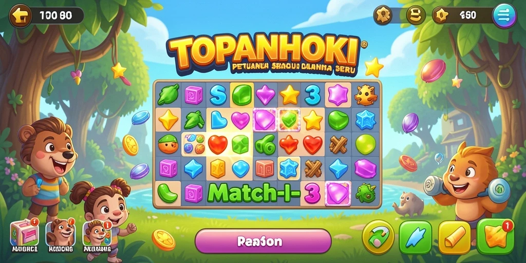 Screenshot gameplay TOPANHOKI menampilkan aksi seru dalam permainan Match-3.